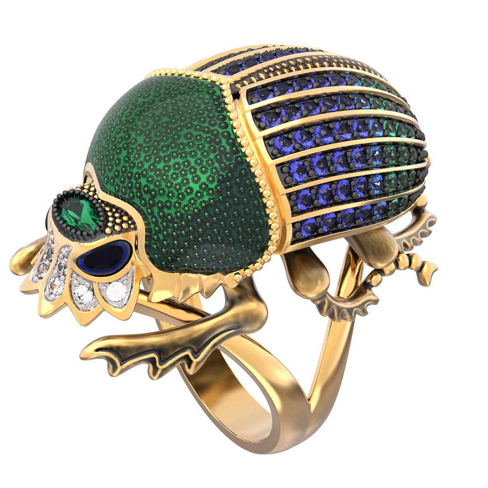 Кольцо из лимонного золота 585 пробы c эмалью, фианитом и турмалином