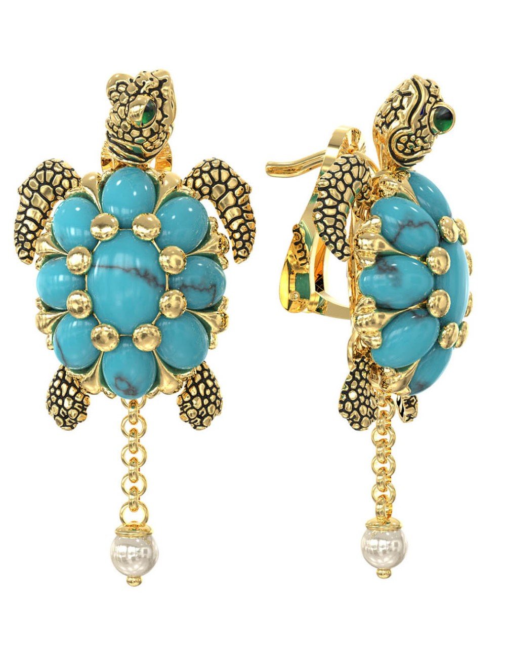 Серьги из лимонного золота c эмалью, жемчугом и бирюзой
