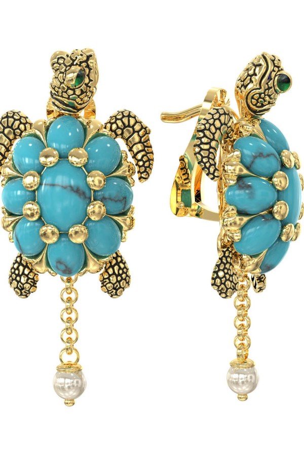 Серьги из лимонного золота c эмалью, жемчугом и бирюзой