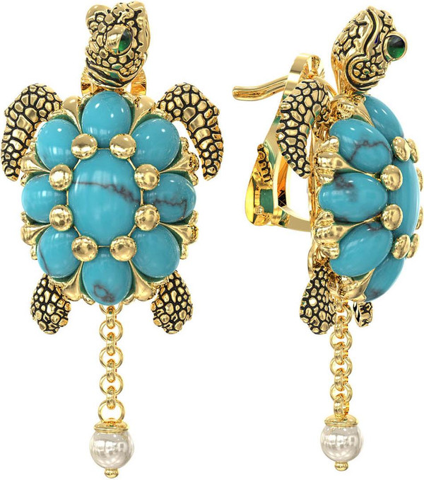 Серьги из лимонного золота 585 пробы c эмалью, жемчугом и бирюзой