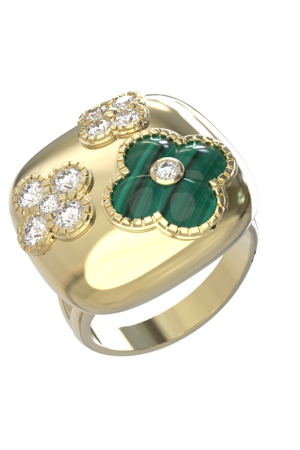 Кольцо из лимонного золота c бриллиантами и малахитом