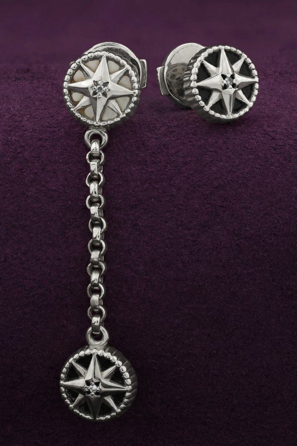 Серьги из белого золота c бриллиантами, ониксом и перламутром