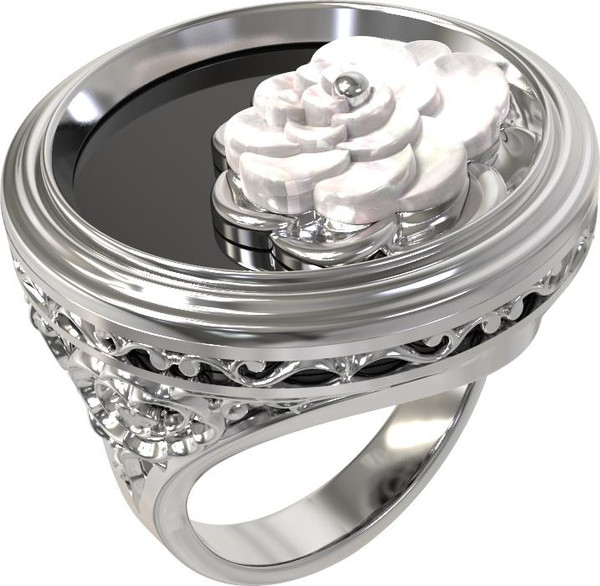 Кольцо из белого золота 585 пробы c ониксом и перламутром