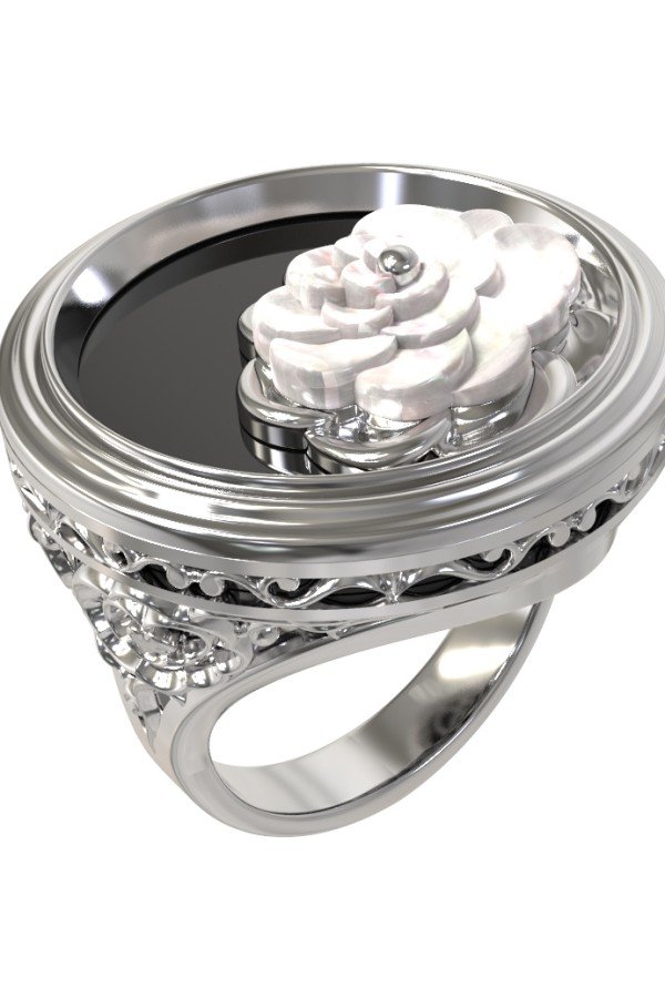 Кольцо из белого золота c ониксом и перламутром