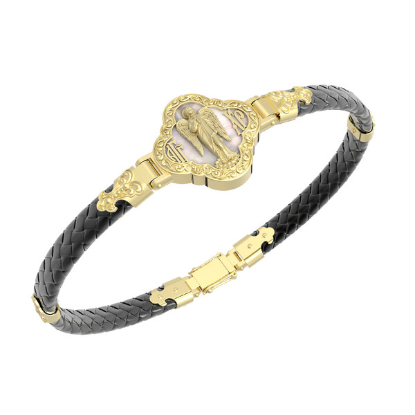 Браслет из лимонного золота 585 пробы c шнурком и перламутром