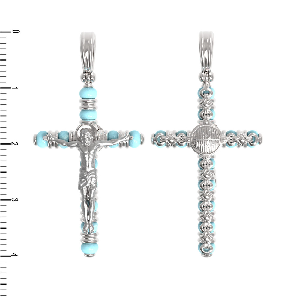 Крест из белого золота 585 пробы c бирюзой
