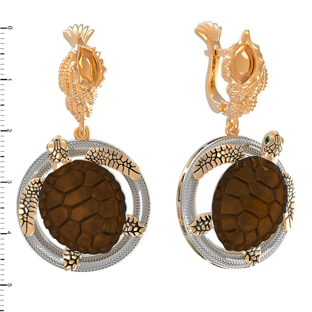 Серьги из красного золота 585 пробы c эмалью и железным деревом