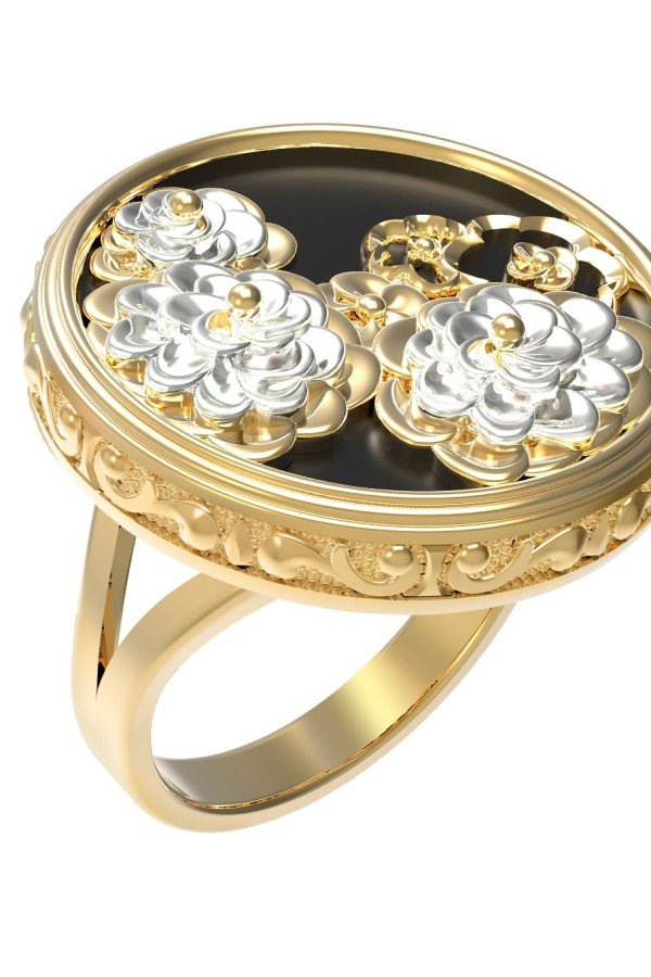 Кольцо из лимонного золота c ониксом и перламутром