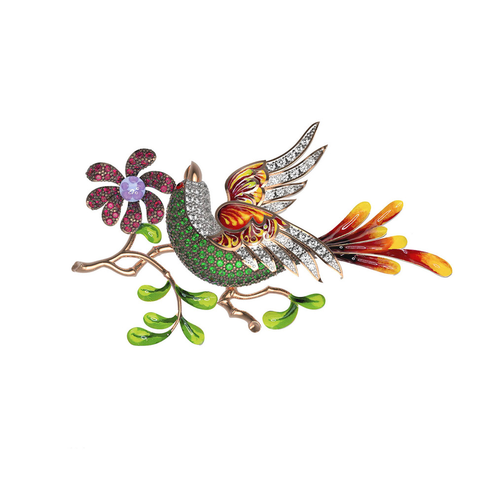 Брошь из красного золота 585 пробы c эмалью и фианитом