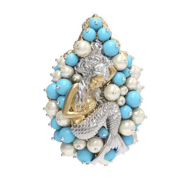 Подвеска из лимонного золота 585 пробы c жемчугом и бирюзой