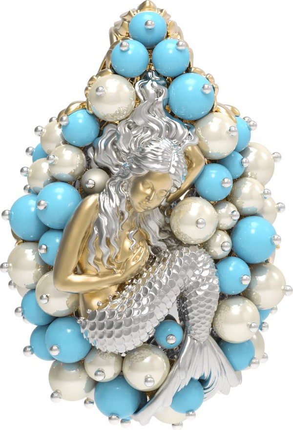 Подвеска из лимонного золота 585 пробы c жемчугом и бирюзой