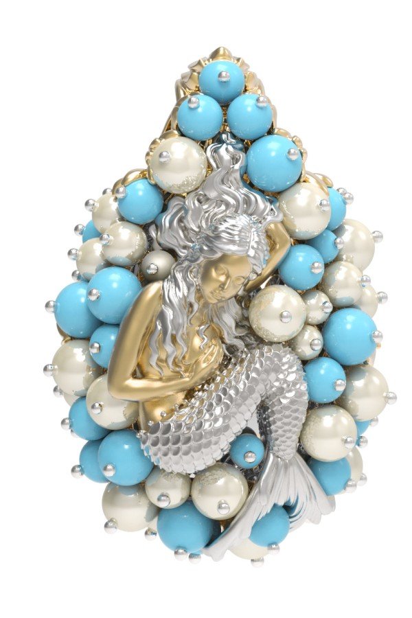 Подвеска из лимонного золота c жемчугом и бирюзой