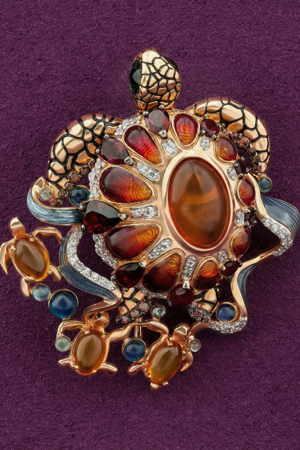 Брошь из красного золота 585 пробы c эмалью, фианитом, гранатом и янтарём