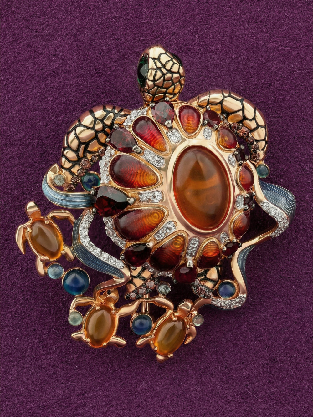 Брошь из красного золота 585 пробы c эмалью, фианитом, гранатом и янтарём