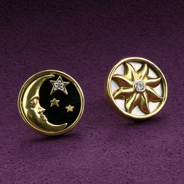 Серьги из лимонного золота 585 пробы c бриллиантами, ониксом и перламутром