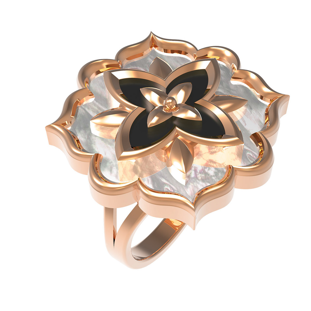 Кольцо из красного золота 585 пробы c ониксом и перламутром