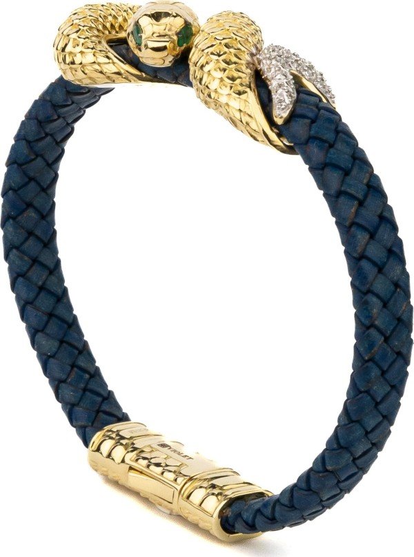 Браслет из лимонного золота c бриллиантами, изумрудом и кожаным шнурком