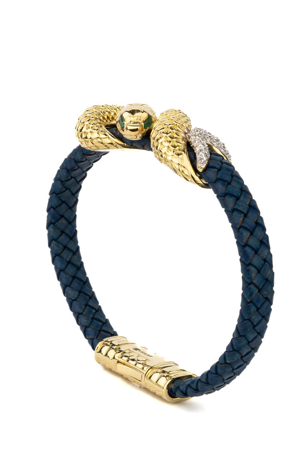 Браслет из лимонного золота 585 пробы c бриллиантами, изумрудом и кожаным шнурком