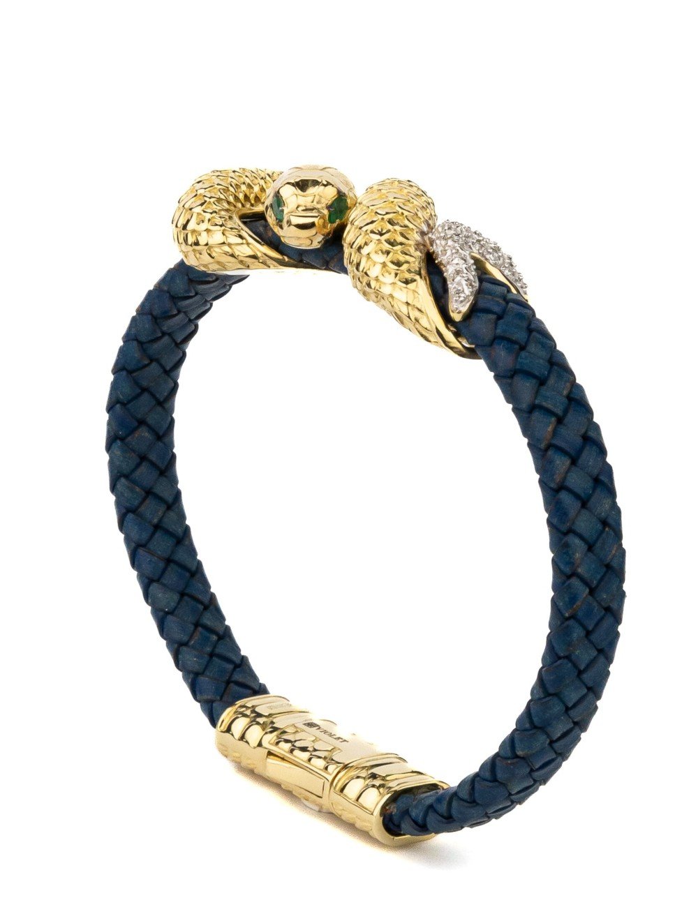 Браслет из лимонного золота c бриллиантами, изумрудом и кожаным шнурком