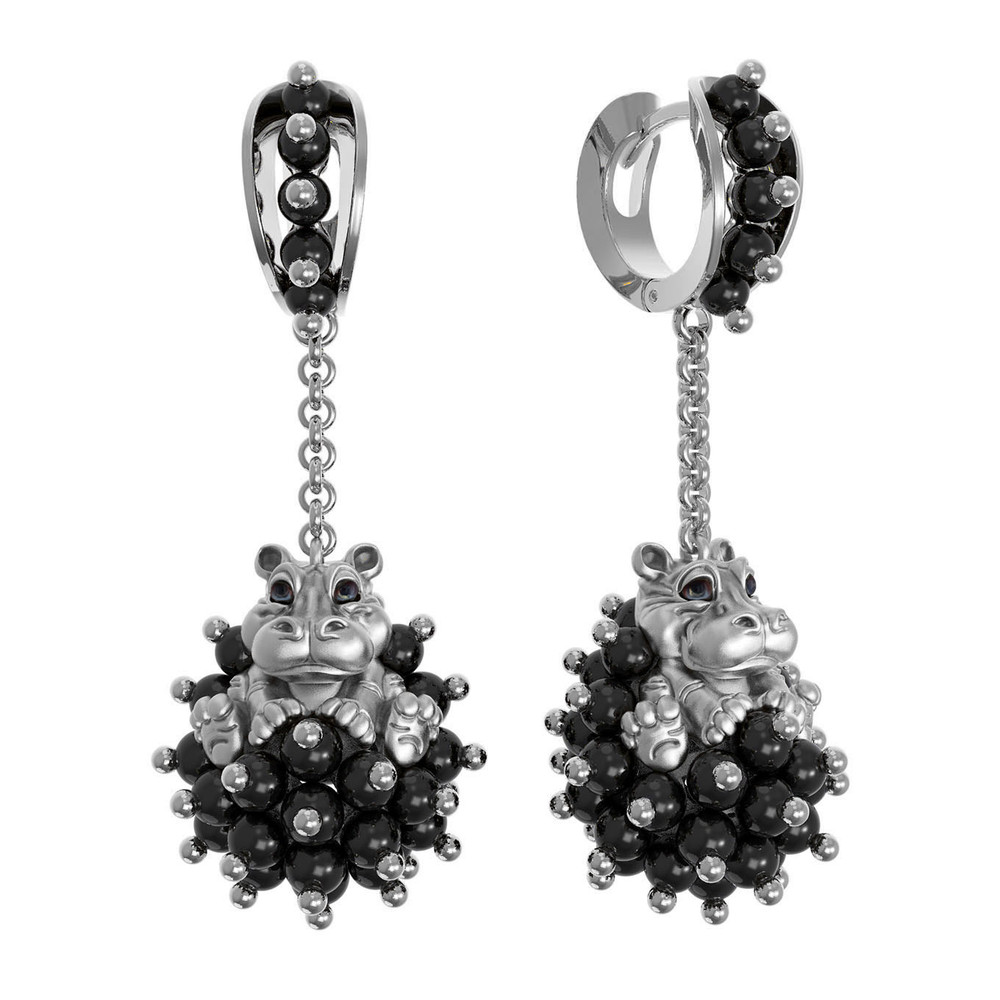 Серьги из белого золота 585 пробы c эмалью и ониксом