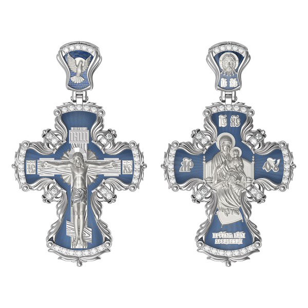 Крест из белого золота 585 пробы c эмалью и бриллиантами