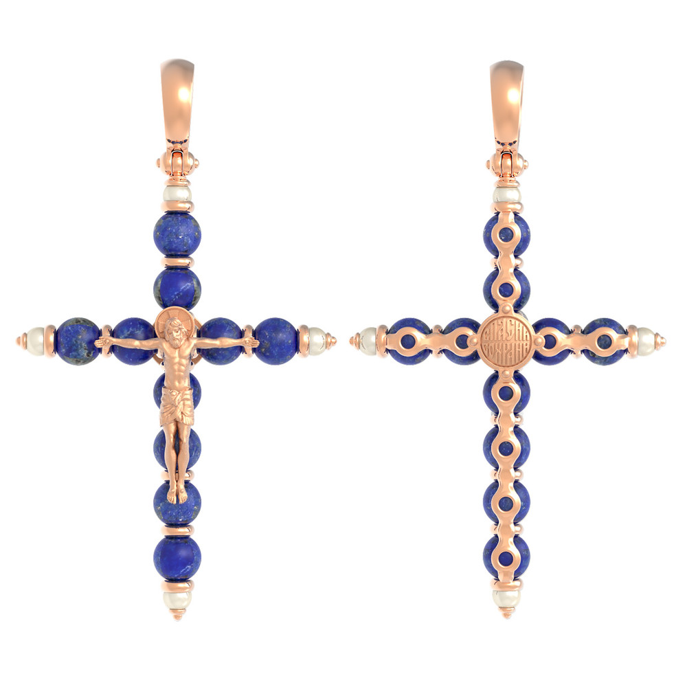 Крест из красного золота 585 пробы c жемчугом и лазуритом