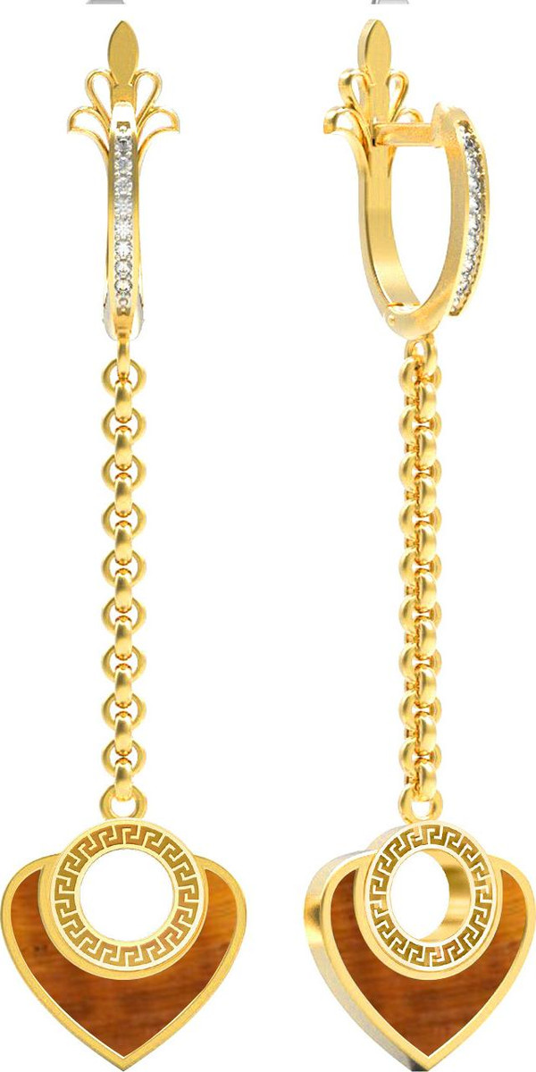 Серьги из лимонного золота 585 пробы c фианитом и тигровым глазом