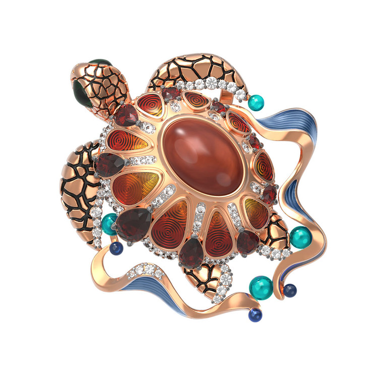 Подвеска из красного золота 585 пробы c эмалью, фианитом, гранатом и янтарём