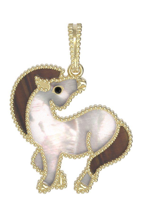 Подвеска из лимонного золота c эмалью, тигровым глазом и перламутром