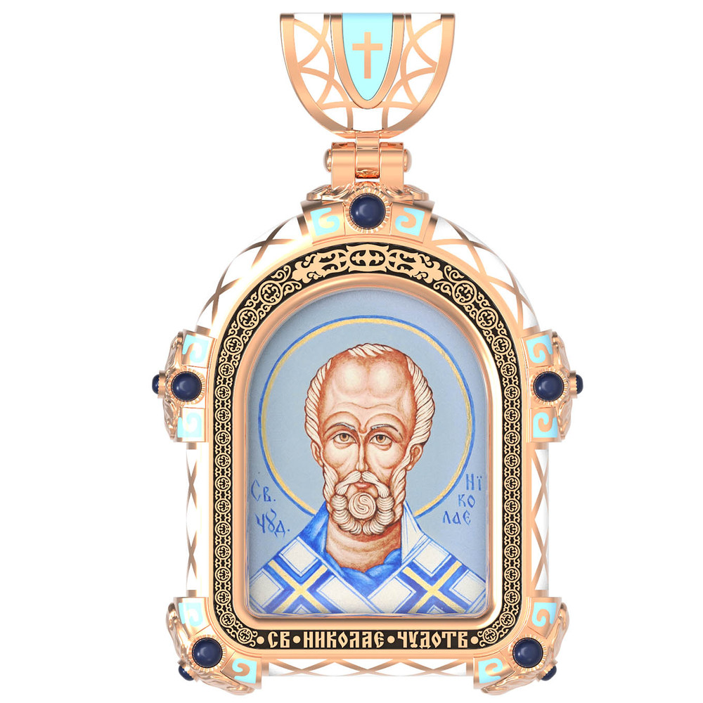 Нательная икона из красного золота 585 пробы c эмалью, иконописью и темперой
