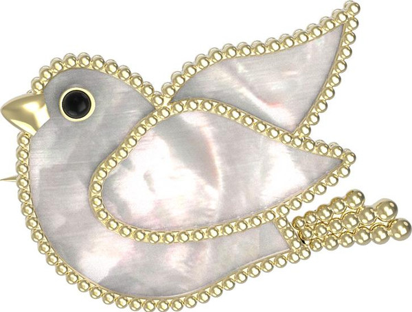 Брошь из лимонного золота 585 пробы c эмалью и перламутром