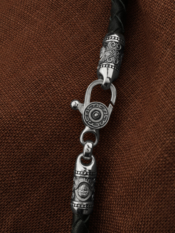 Цепь-шнурок кожа из белого золота 585 пробы c кожаным шнурком и ониксом