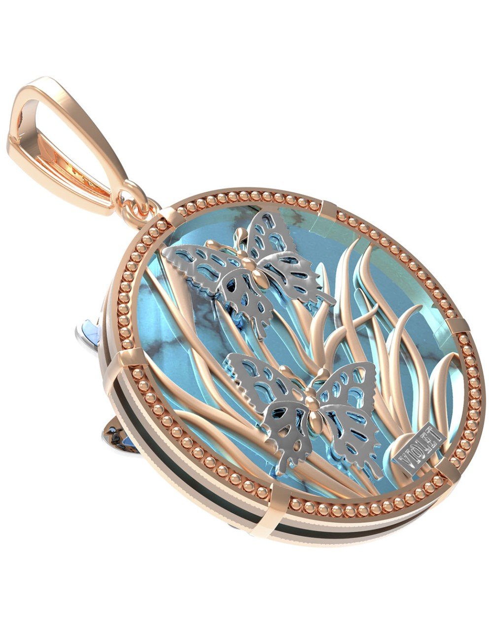 Подвеска из золота c бирюзой, аметистом и эмалью