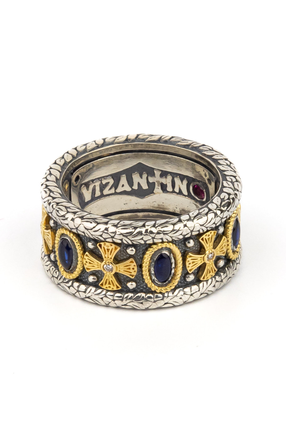 Кольцо из серебра 925 пробы и золота 750 пробы c бриллиантами, сапфиром и рубином