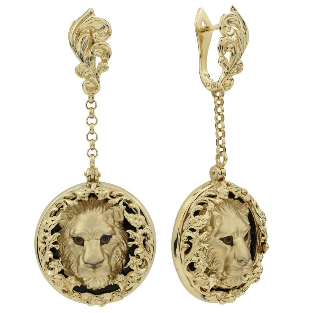 Серьги из лимонного золота 585 пробы c эмалью и ониксом