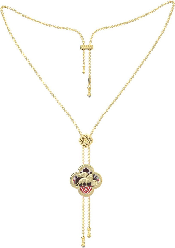 Колье из лимонного золота 585 пробы c эмалью, жемчугом и перламутром