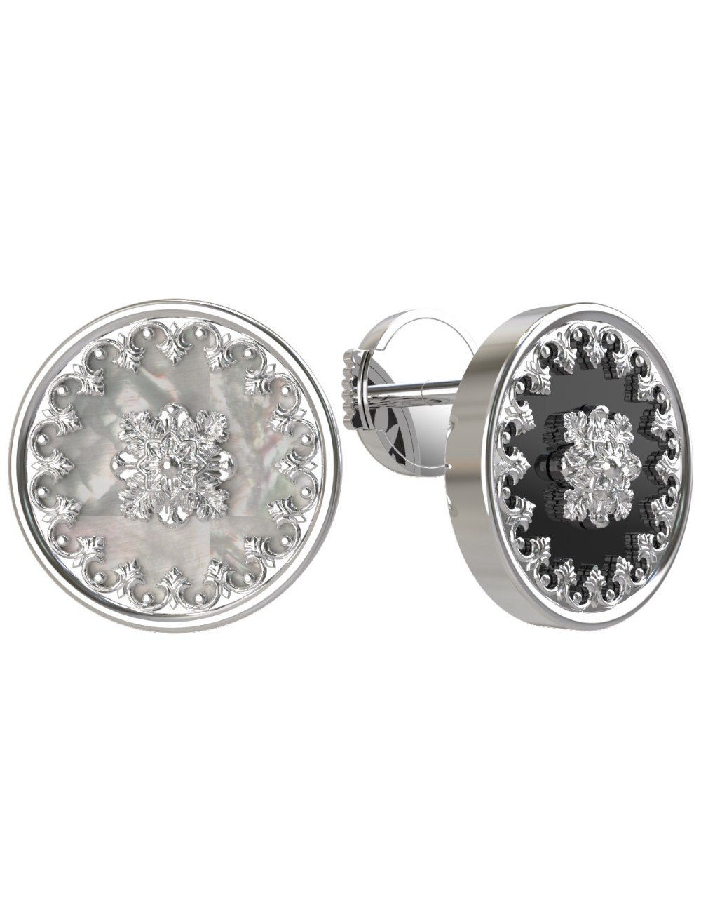 Серьги из белого золота c ониксом и перламутром