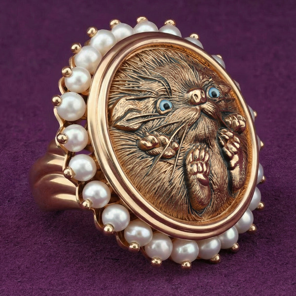 Кольцо из красного золота 585 пробы c эмалью и жемчугом