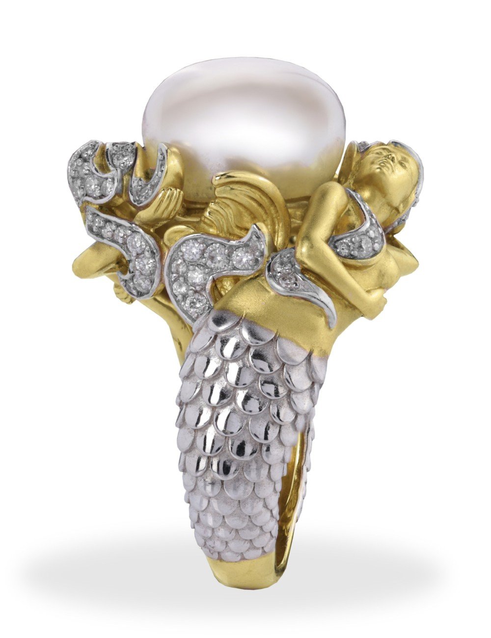 Кольцо из лимонного золота c бриллиантами и жемчугом