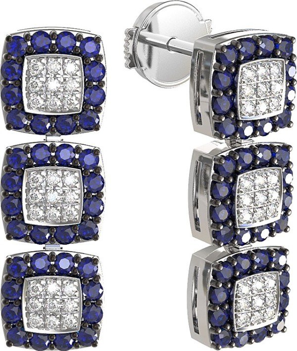 Серьги из белого золота c бриллиантами и сапфиром
