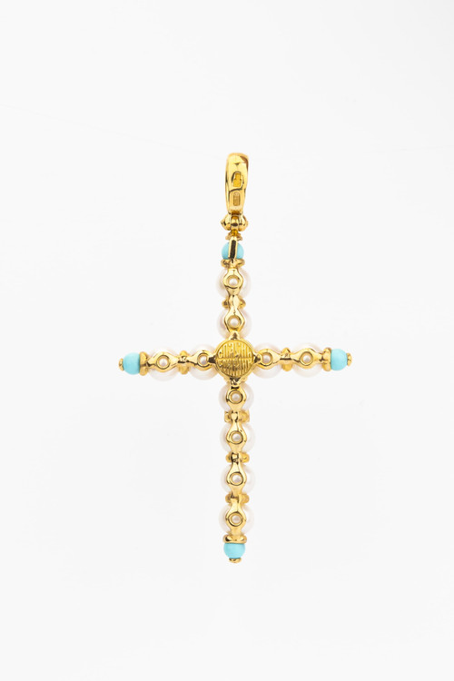 Крест из лимонного золота 585 пробы c жемчугом и бирюзой