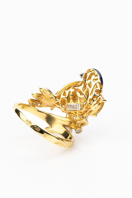 Кольцо из лимонного золота 585 пробы c эмалью, фианитом, цитрином и сапфиром