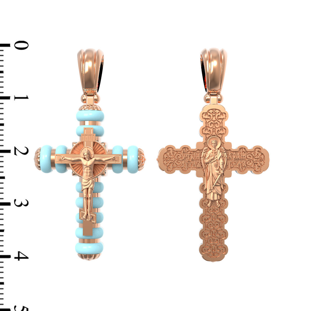 Крест из красного золота 585 пробы c бирюзой