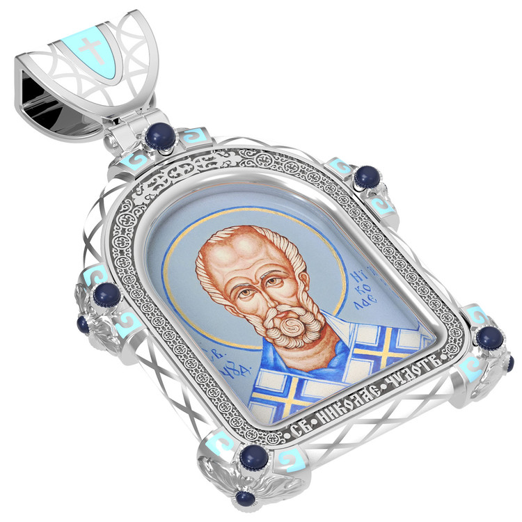 Нательная икона из белого золота 585 пробы c эмалью, иконописью и темперой