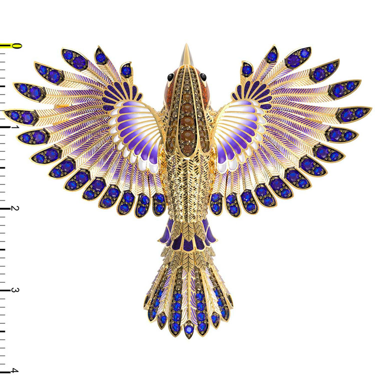 Брошь из лимонного золота 585 пробы c эмалью и фианитом