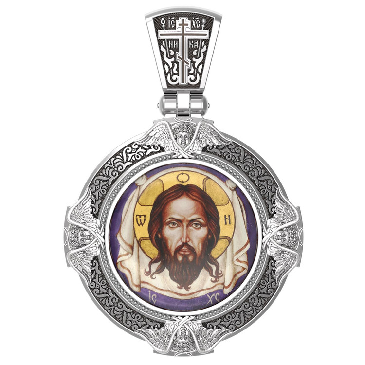 Нательная икона из белого золота 585 пробы c эмалью, иконописью и темперой