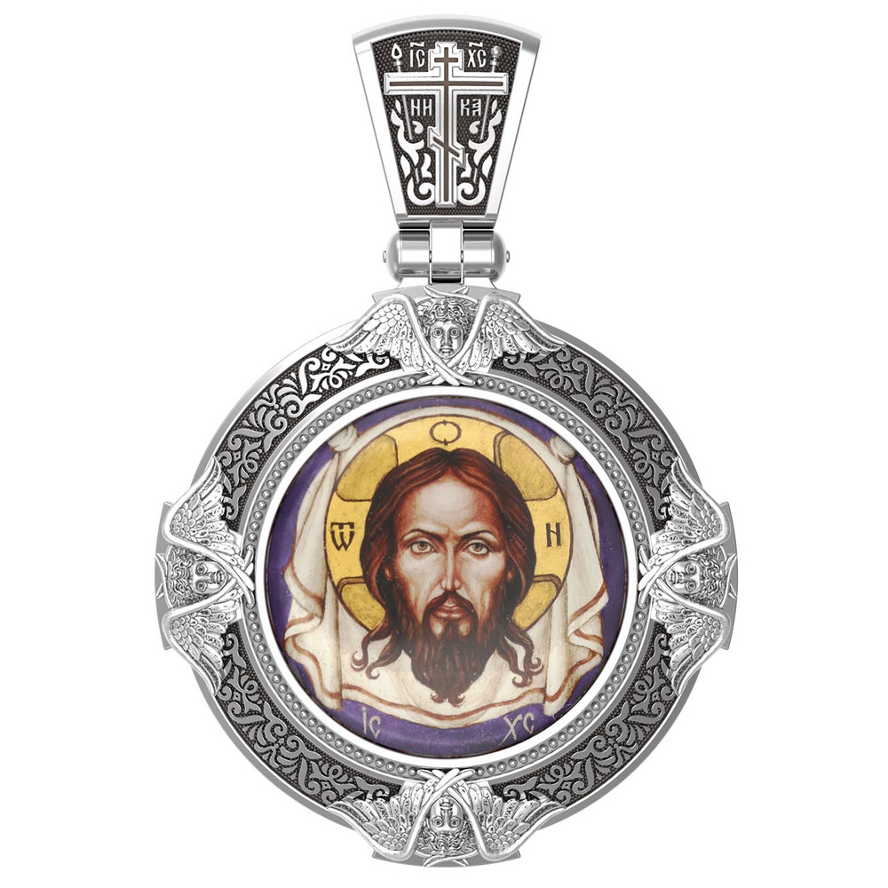 Нательная икона из белого золота 585 пробы c эмалью, иконописью и темперой