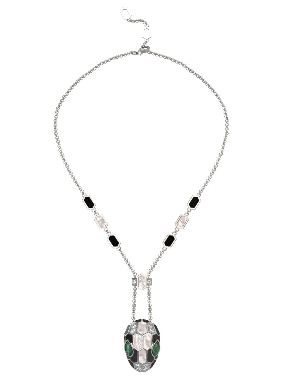 Колье из белого золота c бриллиантами, рубином, ониксом, малахитом и перламутром