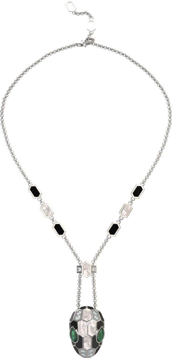 Колье из белого золота c бриллиантами, рубином, ониксом, малахитом и перламутром