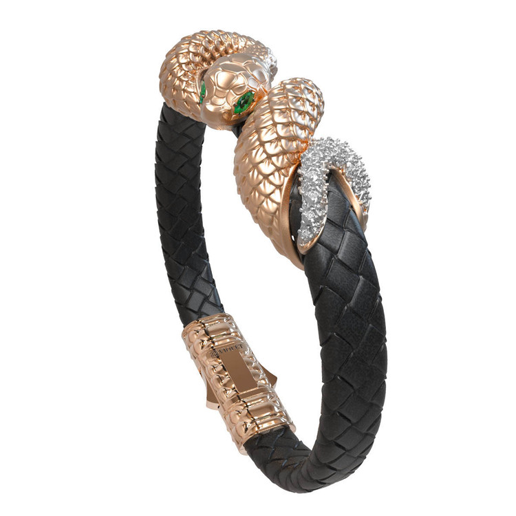 Браслет из красного золота 585 пробы c бриллиантами, изумрудом и шнурком